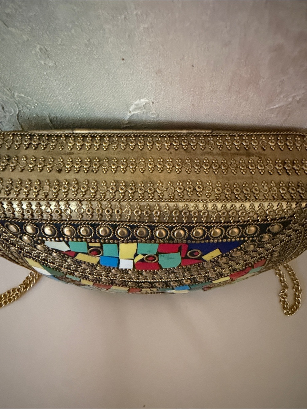 Ramla Kimy’s Metal Gold Mosaic Half-Moon Crossbody Bag - Multicolor Accent Good - Picture 3 of 11